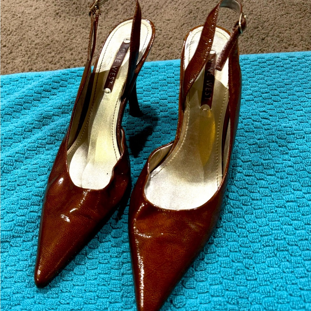 Brown metallic sling back pumps. Very comfortable